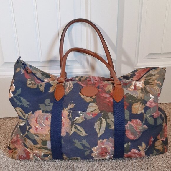 VTG Gitano 80's/90's Navy Floral Cotton Canvas Duffle Weekender Bag - Picture 1 of 16